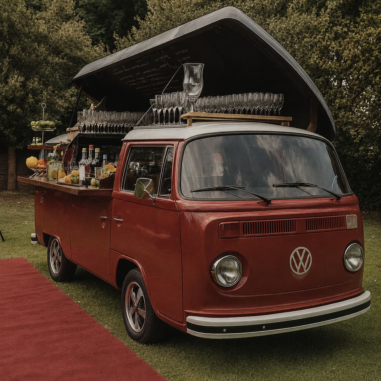 Red VW T2 bar truck with full cocktail setup and red carpet in garden setting
